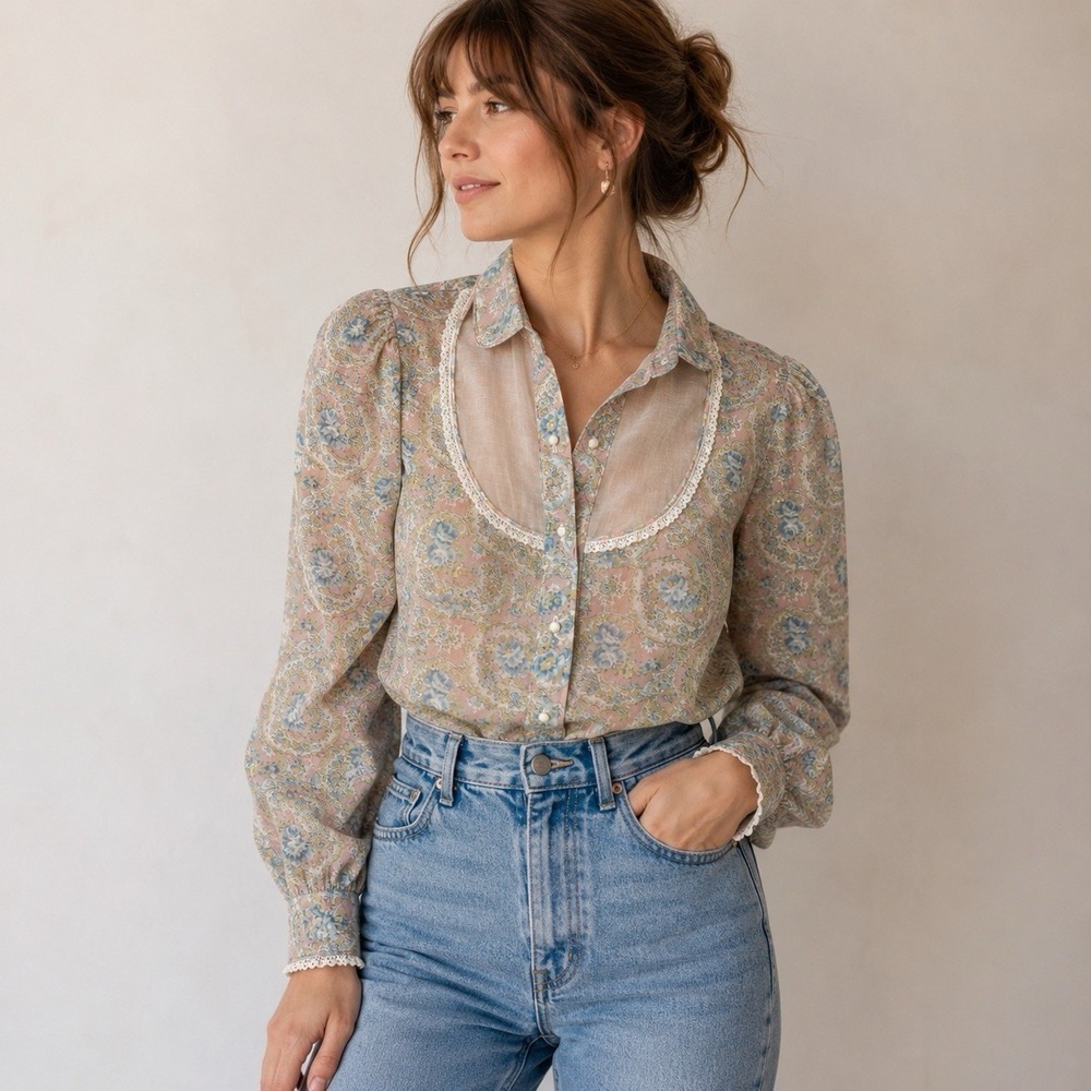 Vintage Pandhandle Slim Floral Paisley Prairie Lace Western Blouse‎ Made USA